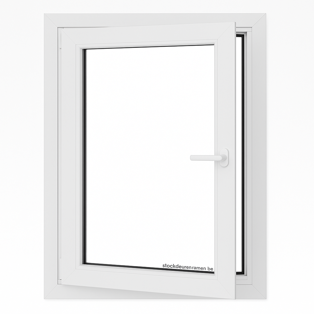 Realistisch draaikiepraam bekeken vanaf de binnenkant in geopende toestand met DIN-richting links, met wit interieur en wit exterieur, afmetingen 750x500 mm.