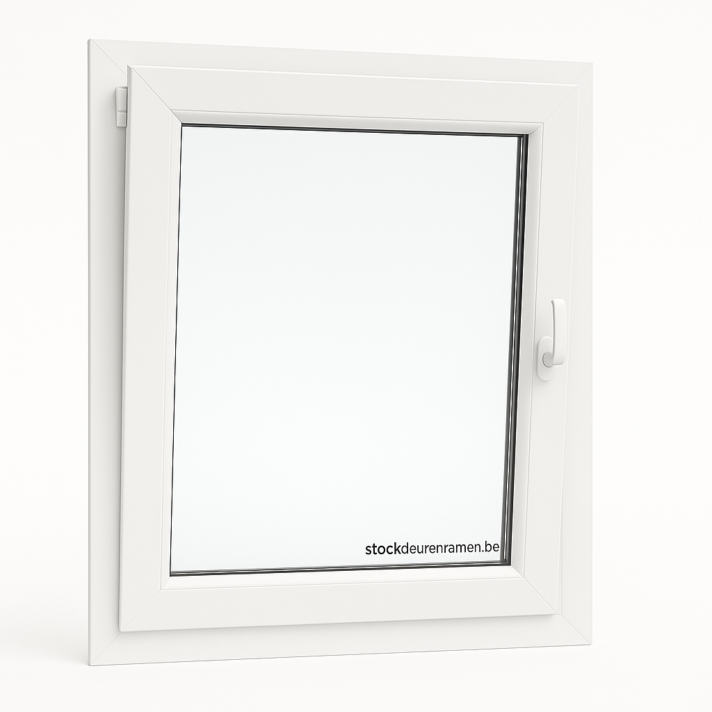 Realistisch draaikiepraam bekeken vanaf de binnenkant in kiepstand, met wit interieur en wit exterieur, afmetingen 750x500 mm.